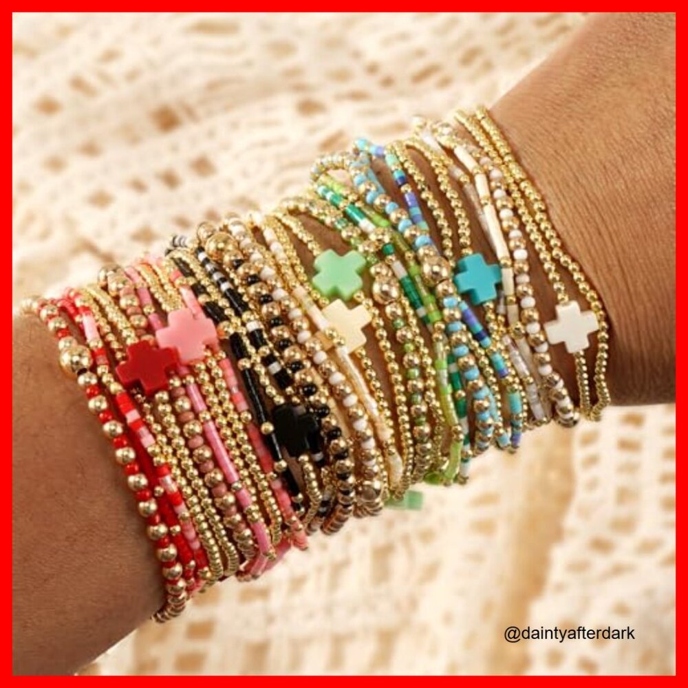 Gold Plated Stretch Bracelets Stack Set Boho Bead… - image 6